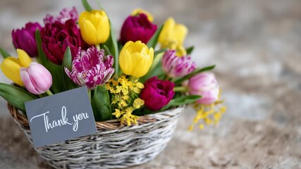 A vibrant 133-tulip bouquet in a woven basket with a thank you card, set on a beige surface for a stunning display. - Powered by Adobe