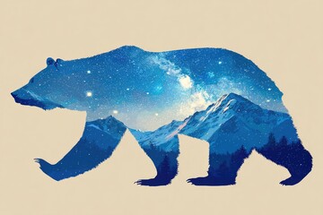 A bear silhouette with a celestial and mountainous overlay.