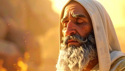 Portrait of a wise elderly prophet with a long gray beard in deep prayerful contemplation.