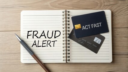 Fraud Alert Notice with Credit Cards on Wooden Desk Surface