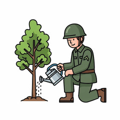 soldier watering tree in a cartoon style scene