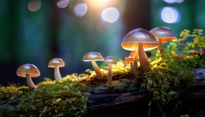 Fototapeta premium Beautifully Illuminated Mushrooms Growing On A Mossy Log In A Serene Environment