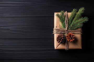 Obraz premium Gift box decorated with pine sprigs and pinecones on a dark wooden surface.