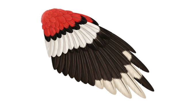 Vibrant Bird Wing with Red, White, and Black Feathers