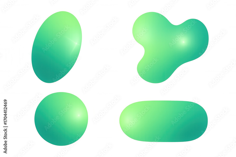 Poster green abstract shapes with gradient hues overlapping on transparent surface, representing contempora