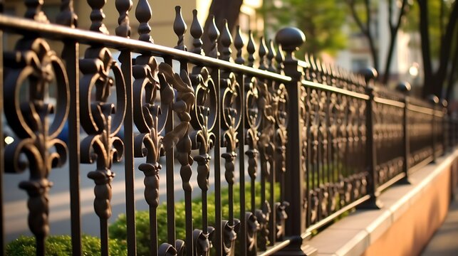 Elaborate wrought iron fence adds a touch of elegance to a residential street scene