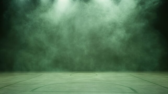 Empty basketball court in green smoke