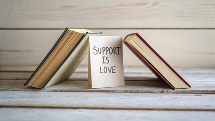 Support is Love - Message Card Between Open Books on Table