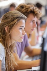 Students engaged in focused study at computers in a classroom setting, showcasing concentration and collaboration in an educational environment with copy space