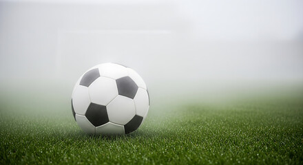 Fototapeta premium Classic black and white soccer ball resting on lush green grass with a foggy background creating a dramatic atmosphere for sports enthusiasts and athletes
