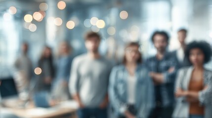 a collaborative office environment featuring blurred team members in casual attire with a bokeh background conveying creativity and modern professionalism