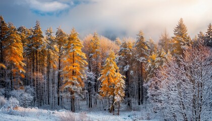 Atmospheric Landscape Of A Winter Forest With Yellow Tree Crowns And Thick Snow Cover