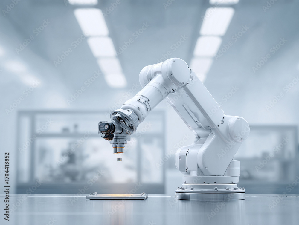 Poster precision robotic arm performing a task in a clean, modern factory. symbolizes automation, ai, and f