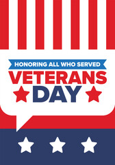 Naklejka premium Veterans Day in United States. Federal holiday, celebrated annual in November 11. Honoring all who served. Patriotic american military concept. Poster, card, banner and background. Vector illustration
