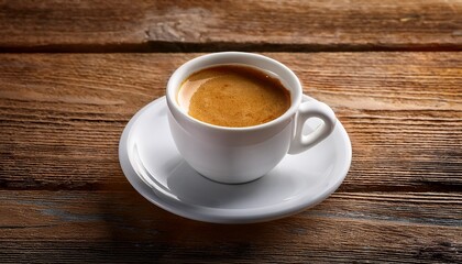 Fototapeta premium Aromatic Espresso In White Cup On Wooden Table Coffee Break Image
