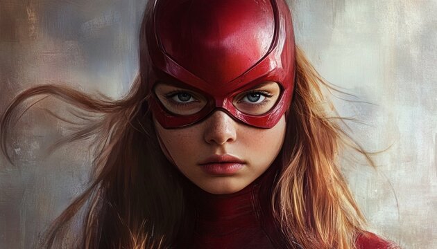 A young woman with long brown hair is shown wearing a red mask that covers her eyes and forehead, her expression is serious and determined.