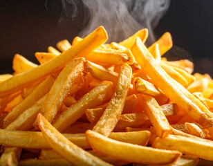 Steaming Pile of Golden French Fries on Dark Background, Close-Up Shot