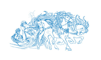 Winter fairytale sketch: Santa Claus and Snow Maiden in a horse-drawn sleigh. Line art with hatching, isolated on white. For coloring books or decor