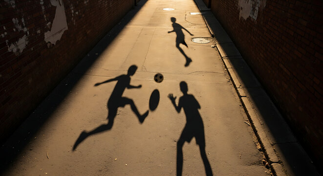 Shadows of three young boys playing soccer in a sunlit alleyway depicting childhood fun