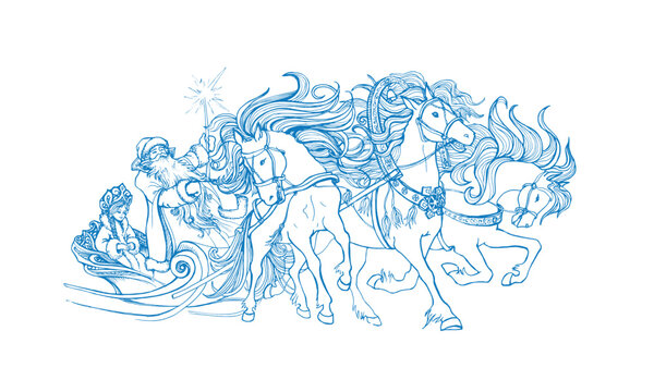 Winter fairytale sketch: Santa Claus and Snow Maiden in a horse-drawn sleigh. Line art with hatching, isolated on white. For coloring books or decor