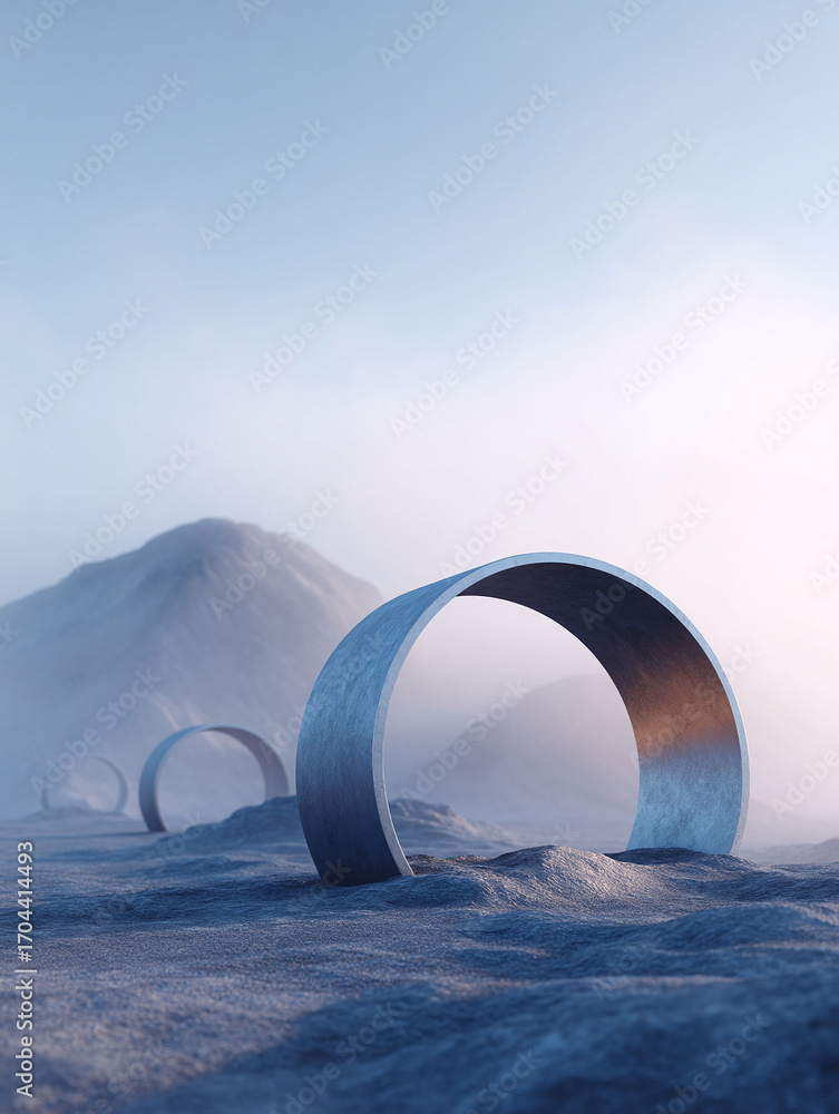 Aufkleber surreal landscape featuring circular concrete structures in a misty, dreamlike setting. evokes conce