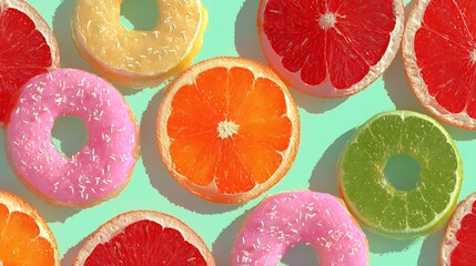 Colorful fruit rings pattern pastel background bright tropical fruit layout seamless design aesthetic