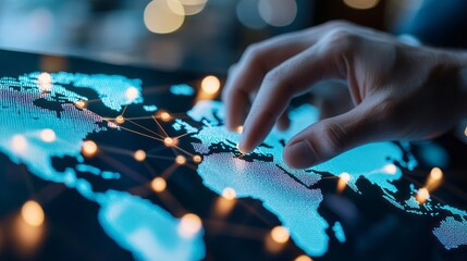 Close up hand touching illuminated digital world map, global connectivity, modern technology