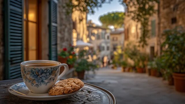 Experience the serene charm of a Florentine street with shuttered windows, an espresso, and biscotti under the golden Tuscan sun.