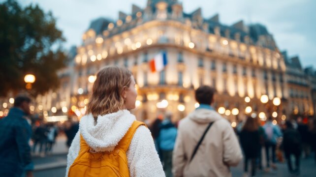 Woman in Paris with backpack looking at illuminated building