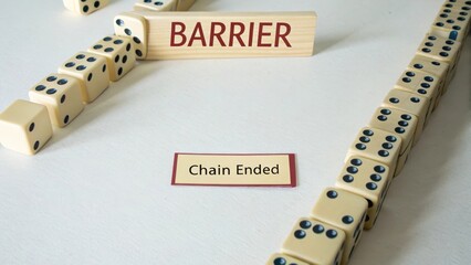 Fototapeta na wymiar Wooden Barrier and Dominoes Indicating Chain Ended in Game Setup