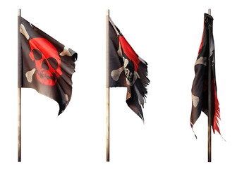 Three Pirate Flags With Red Skull and Crossbones On Poles Jolly Roger isolated on a transparent background