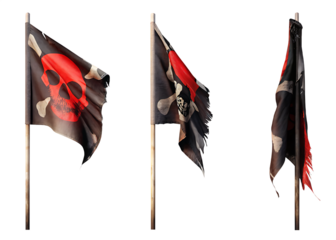Three Pirate Flags With Red Skull and Crossbones On Poles Jolly Roger isolated on a transparent background