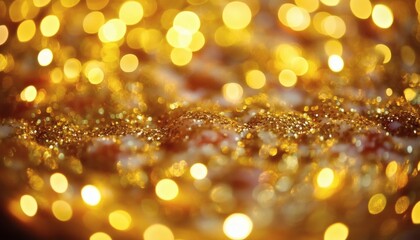 The image shows a textured surface covered in gold glitter with blurred yellow lights in the background and foreground, creating a bokeh effect.