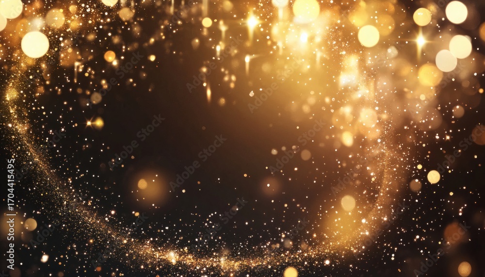 Poster the illustration shows a dark background with golden glitter and bokeh lights, creating a sparkling 