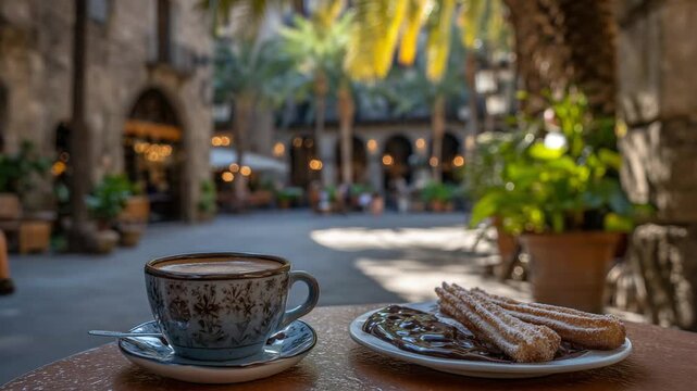 Discover a charming Barcelona side street with stone archways, where a terracotta table offers caf&eacute; con leche and churros under sunlit palm shadows.