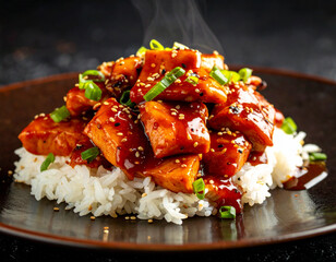 Steaming Teriyaki Tofu with Rice, Sesame Seeds, and Green Onions on Dark Plate