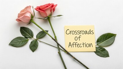 Fototapeta premium Two Roses with Note at Crossroads of Affection on White Background