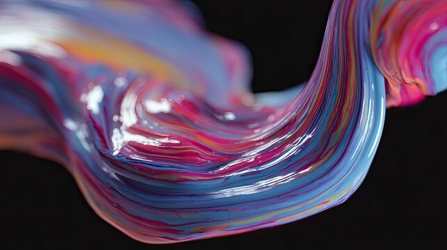 A vibrant, flowing stream of multicolored paint, exhibiting a glossy sheen against a stark black backdrop, creates a dynamic and visually arresting abstract composition - Powered by Adobe