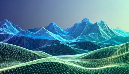 Digital landscape of mountains with grid overlay at dusk