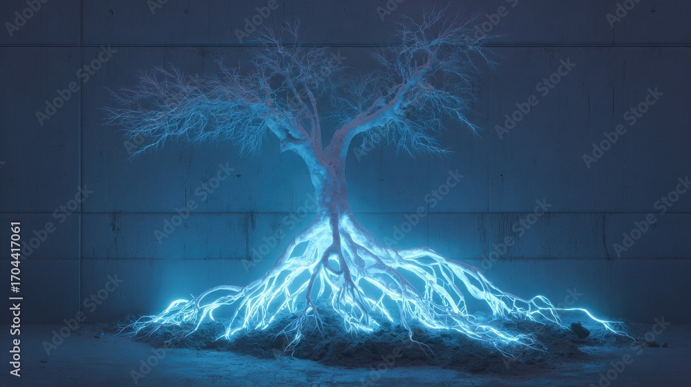 Poster minimalistic glowing tree roots intertwine with luminous digital lights symbolizing the fusion of na