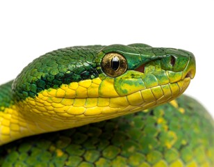 Obraz premium Close-up of a vibrant green and yellow snake's head