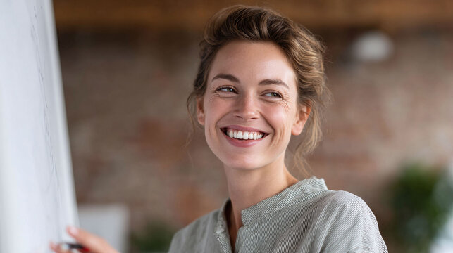 Confident woman presenting ideas on a whiteboard, radiating enthusiasm. Suitable for business, education, and creative concept illustrations. Captures innovation.