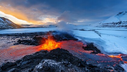 Naklejka premium A Striking Contrast Shows Glowing Lava Breaking Through Icy Terrain Creating A Dramatic Landscape That Symbolizes The Raw Power Of Nature And The Coexistence Of Fire And Ice