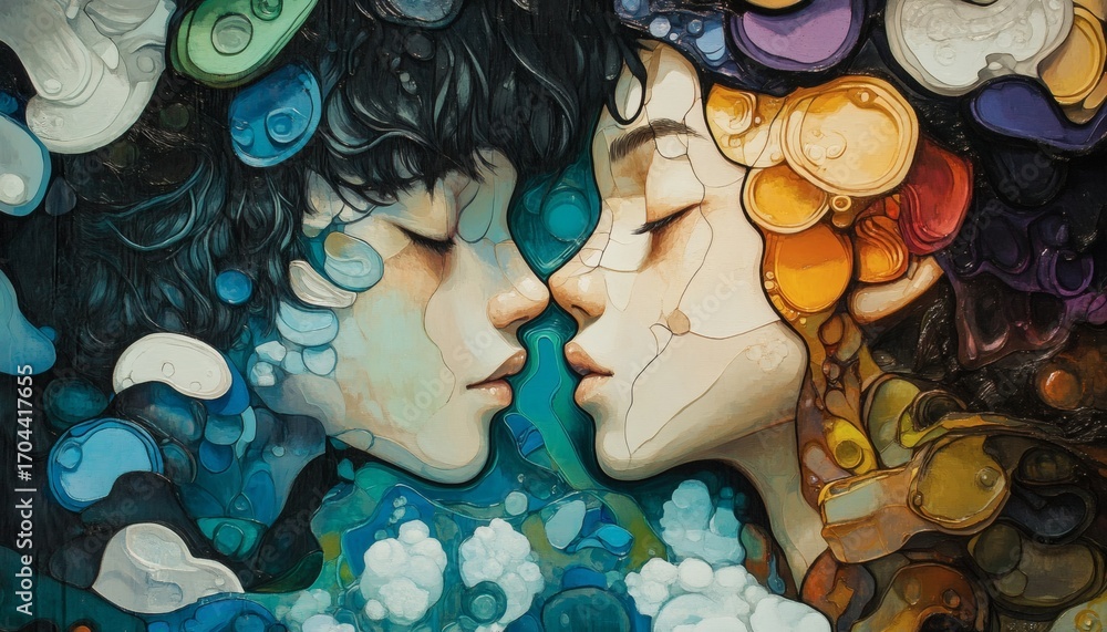 Poster the artwork depicts two stylized faces, seemingly connected, surrounded by an array of swirling abst
