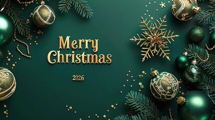 Elegant Christmas greeting with ornaments and pine in green and gold theme