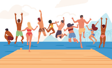 Fototapeta premium Young summer people wearing swimwear jumping to sea water from wooden pier cartoon background