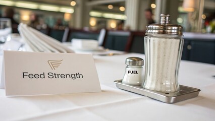 Elegant Dining Table Setting with Condiment Containers and Signage