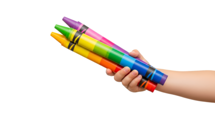 Child's Hand Holding Rainbow Crayons
