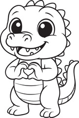 Cute chibi baby dragon making heart shape with hands adorable fantasy creature coloring page outline illustration