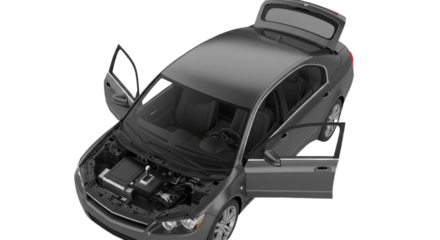 Black Vehicle With Open Gates and Trunk standing on white background, PNG  